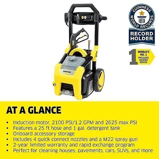 Karcher 2,100 PSI 1.2 GPM Electric Cold Water K2100PS Pressure Washer with Turbo, 15 Degree, 40 Degree and Soap Nozzles