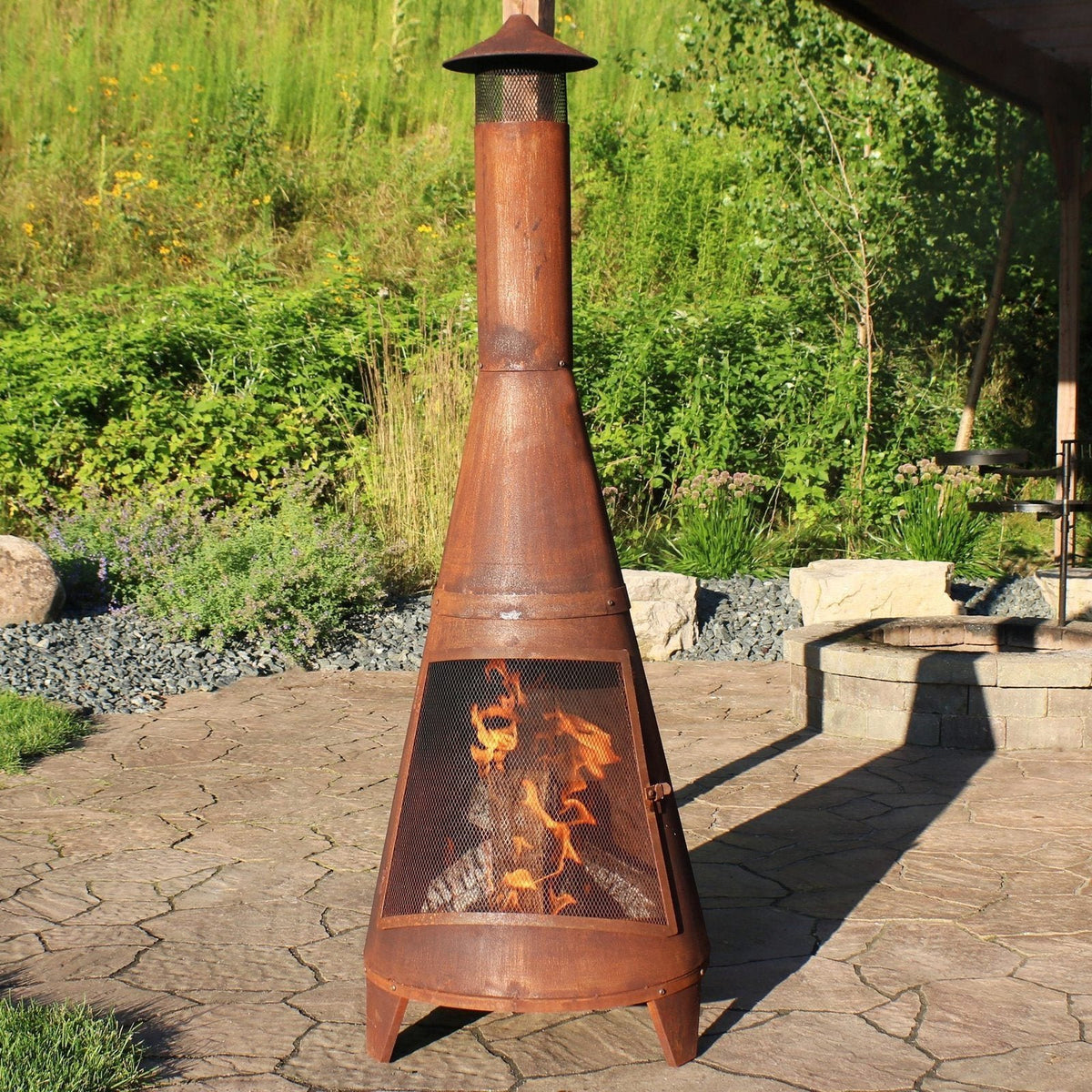 Sunnydaze 70″ Rust Patina Finish Steel Wood-Burning Chiminea with Spark Screen