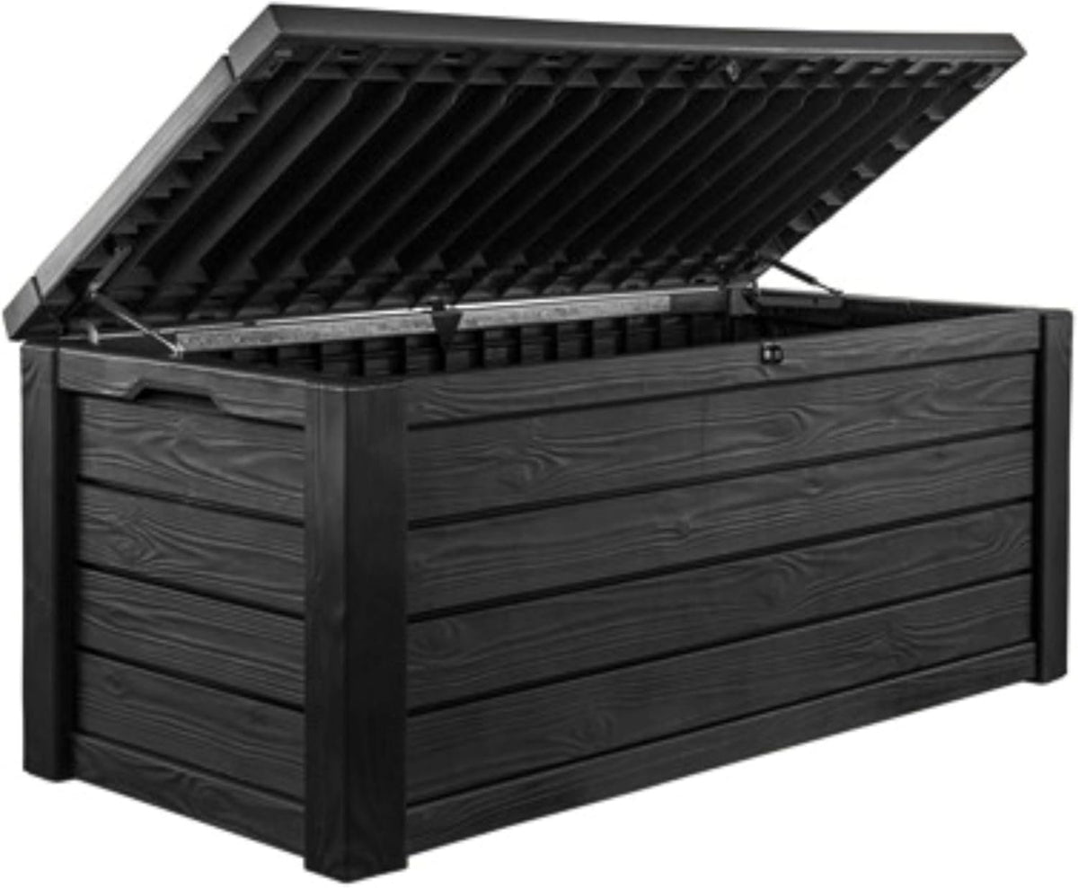 Keter Westwood 150-Gallon Resin Outdoor Storage Box | Weather-Resistant Deck Bin for Patio Cushions, Garden Tools & Pool Accessories – Dark Grey