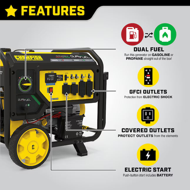 Champion Power Equipment CO Shield Electric Start Dual Fuel Portable Generator 10625 Starting Watts 8500 Running Watts Gas Propane