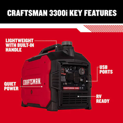 CRAFTSMAN 3300i Portable Inverter Generator 3300 Starting Watts 2500 Running Watts Gasoline Quiet Portable Generator CO Detection