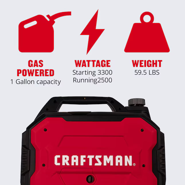 CRAFTSMAN 3300i Portable Inverter Generator 3300 Starting Watts 2500 Running Watts Gasoline Quiet Portable Generator CO Detection