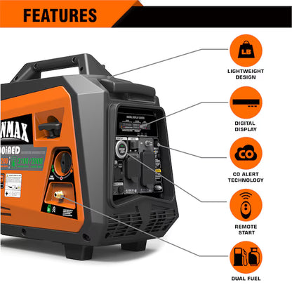 GENMAX GM3500iAED Dual Fuel Inverter Generator 3500 Starting Watts 3200 Running Watts Remote Electric Start Gas Propane