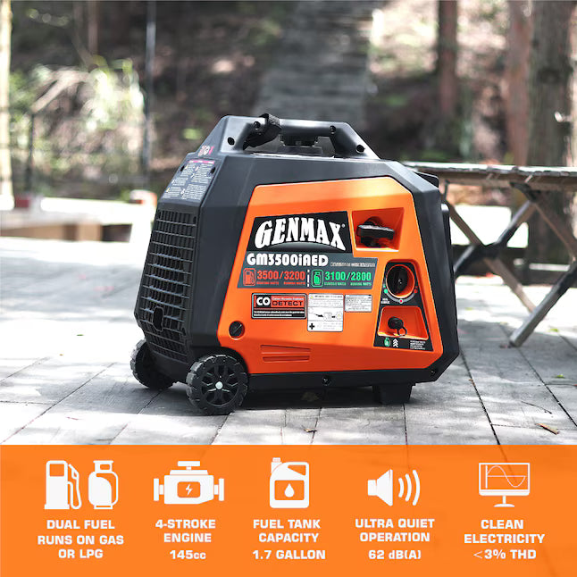 GENMAX GM3500iAED Dual Fuel Inverter Generator 3500 Starting Watts 3200 Running Watts Remote Electric Start Gas Propane