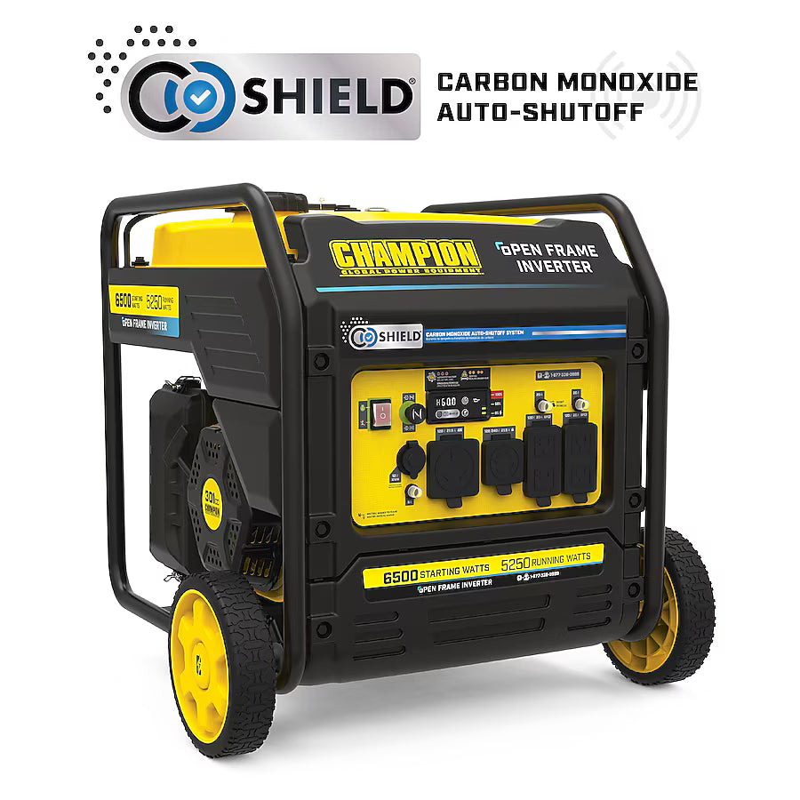 Champion Power Equipment CO Shield RV Ready Quiet Technology Open Frame Inverter Generator 6500 Starting Watts 5250 Running Watts Gasoline Portable Generator