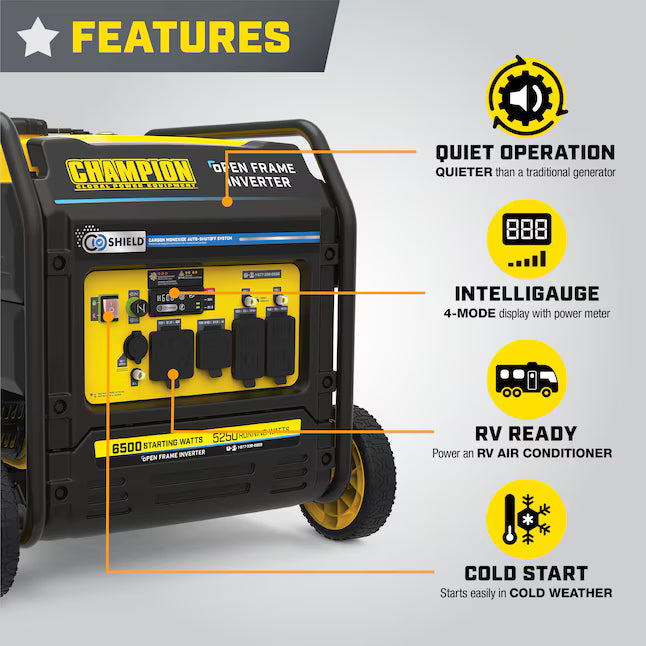 Champion Power Equipment CO Shield RV Ready Quiet Technology Open Frame Inverter Generator 6500 Starting Watts 5250 Running Watts Gasoline Portable Generator