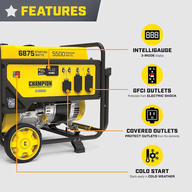 Champion Power Equipment CO Shield Portable Generator 6875 Starting Watts 5500 Running Watts Gasoline Portable Generator