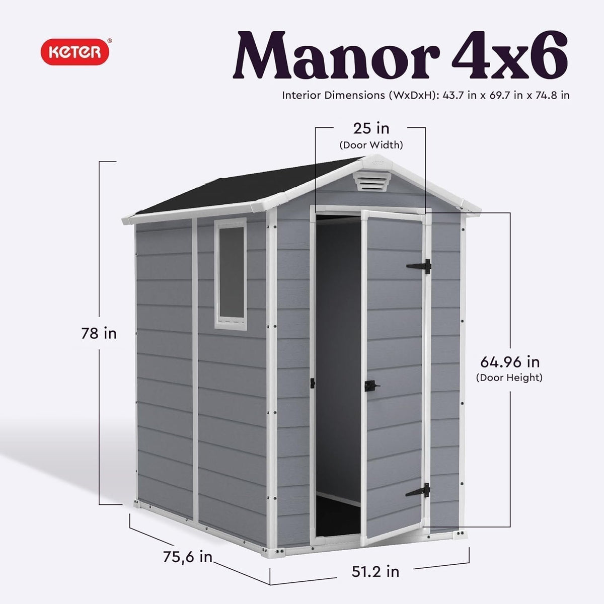 Keter Manor 4×6 Resin Outdoor Storage Shed Kit-Perfect to Store Patio Furniture, Garden Tools Bike Accessories, Beach Chairs and Lawn Mower, Grey & White
