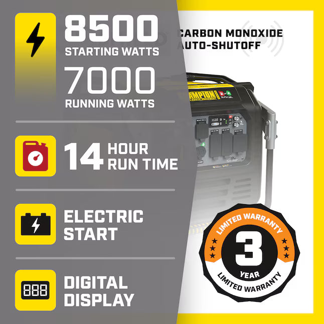 Champion Power Equipment CO Shield Electric Start Quiet Technology Dual Fuel Inverter Generator 8500 Starting Watts 7000 Running Watts Gas Propane Portable Generator