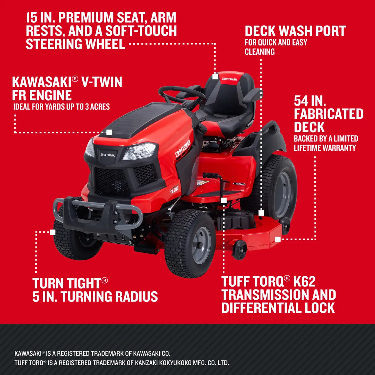 CRAFTSMAN 54″ Gas Garden Tractor 24 HP Kawasaki V-Twin Engine 54″ Fabricated Deck Tuff Torq K62 Differential Lock