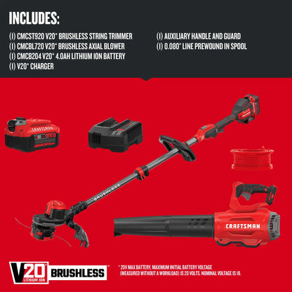 CRAFTSMAN V20 Brushless String Trimmer and Leaf Blower Combo Kit 4.0Ah Battery Charger Included