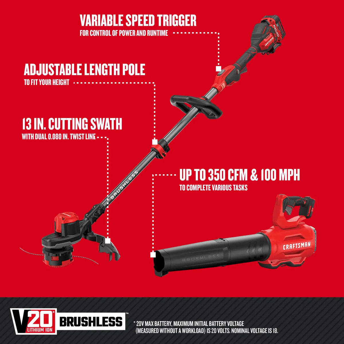 CRAFTSMAN V20 Brushless String Trimmer and Leaf Blower Combo Kit 4.0Ah Battery Charger Included