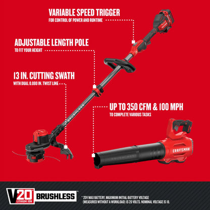 CRAFTSMAN V20 Brushless String Trimmer and Leaf Blower Combo Kit 4.0Ah Battery Charger Included
