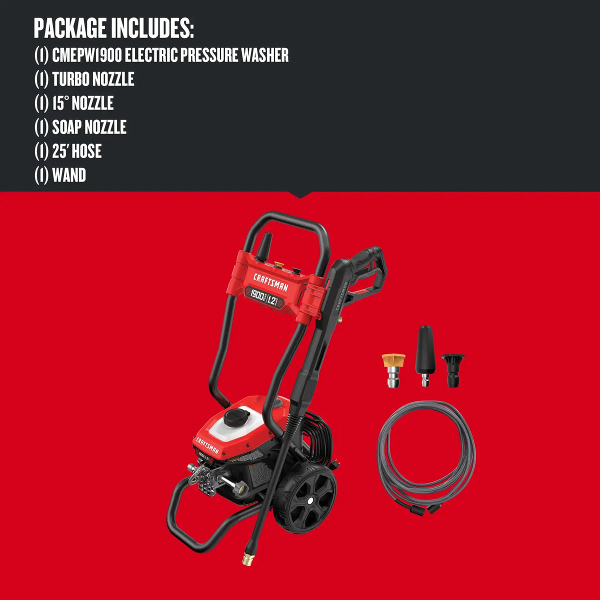 CRAFTSMAN 1900 PSI Electric Pressure Washer 1.2 GPM Corded Cold Water Power Washer with Turbo Nozzle