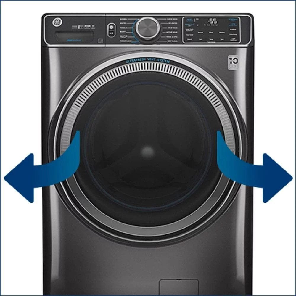GE – 4.8 CuFt High-Efficiency Stackable Smart Front Load Washer w/UltraFresh Vent System & Microban Antimicrobial Technology – White on white